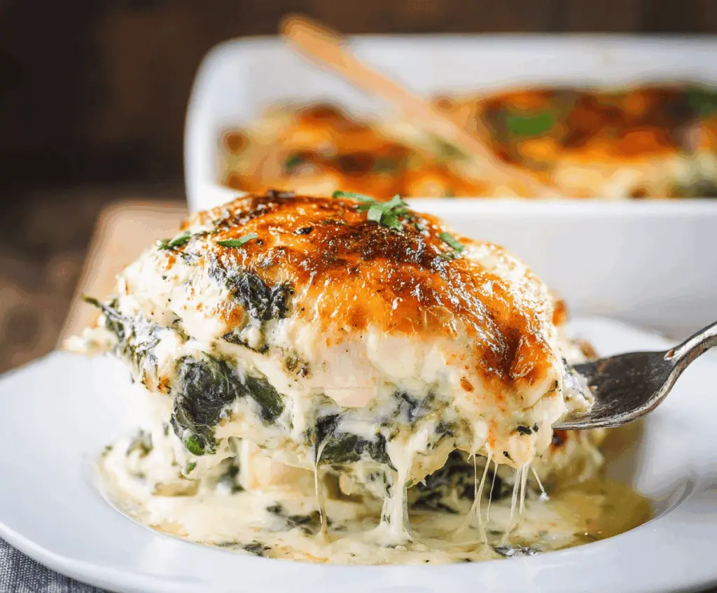 Creamy chicken and spinach casserole topped with melted cheese, featuring tender chicken, fresh spinach, and rich cream cheese for a delicious, comforting meal.