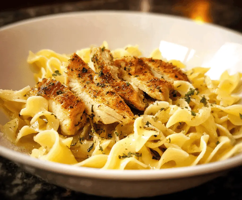 Creamy chicken buttered noodles served in a bowl, garnished with fresh herbs for a flavorful and comforting meal.