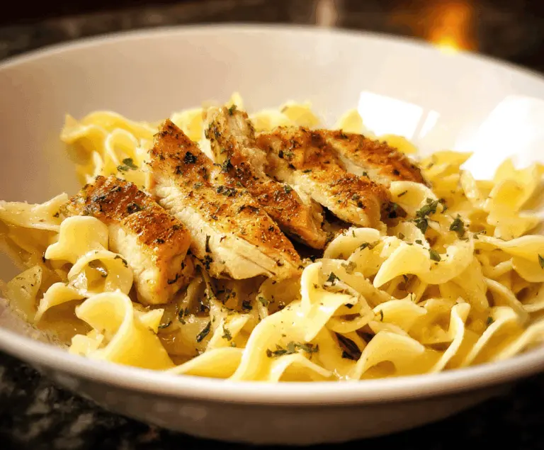 Creamy chicken buttered noodles served in a bowl, garnished with fresh herbs for a flavorful and comforting meal.