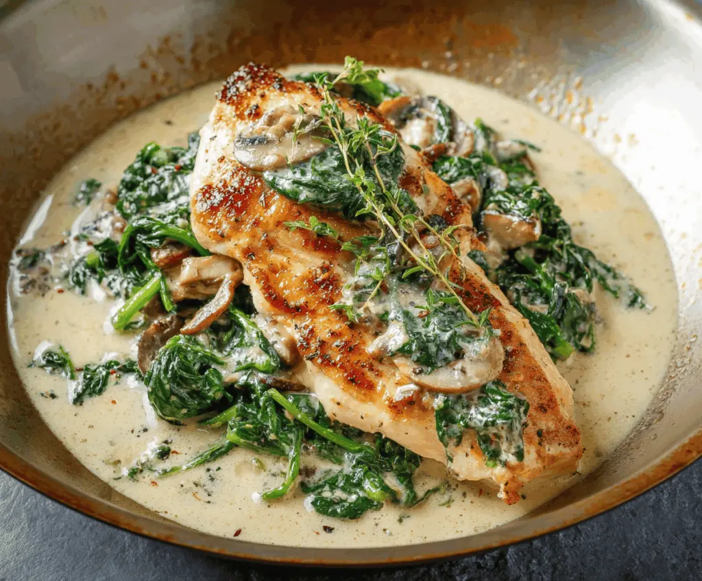 Delicious Chicken Florentine dish featuring tender chicken breasts topped with spinach and melted cheese, served with a savory sauce and fresh herbs.