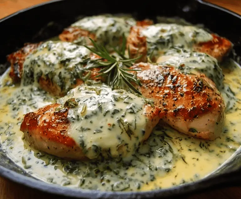 Delicious chicken in basil cream sauce served on a plate, garnished with fresh herbs.