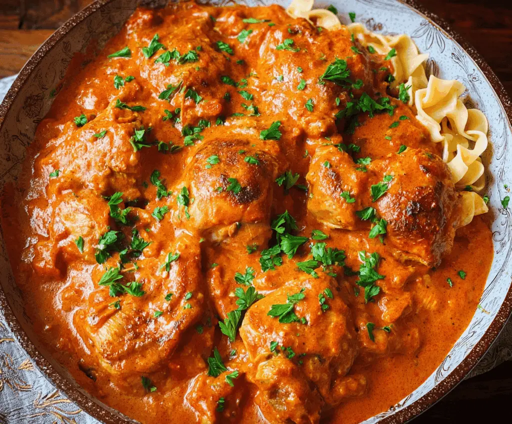 Creamy Chicken Paprikash served with noodles, featuring tender chicken in rich paprika sauce garnished with fresh herbs.