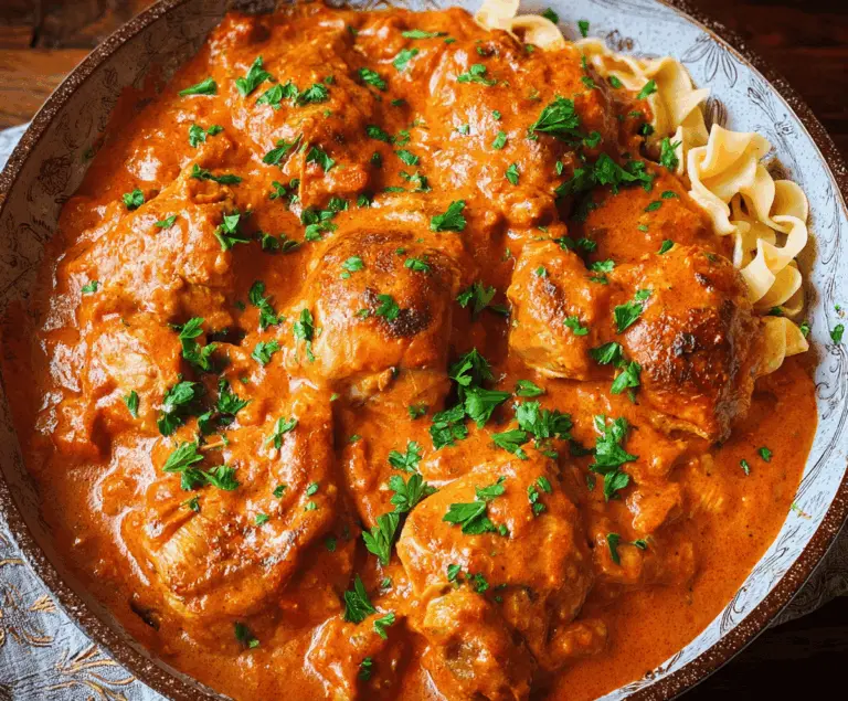 Creamy Chicken Paprikash served with noodles, featuring tender chicken in rich paprika sauce garnished with fresh herbs.