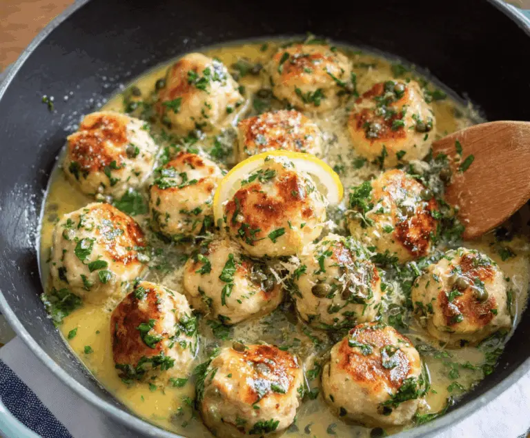 Delicious Chicken Piccata Meatballs garnished with lemon slices and fresh herbs on a white plate