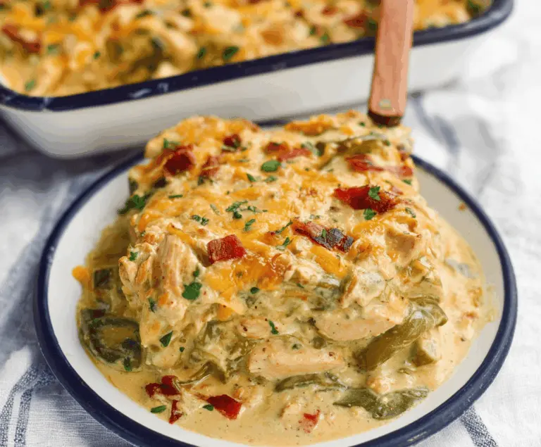 Delicious Chicken Poblano Casserole topped with creamy sauce and melted cheese, ready to serve.