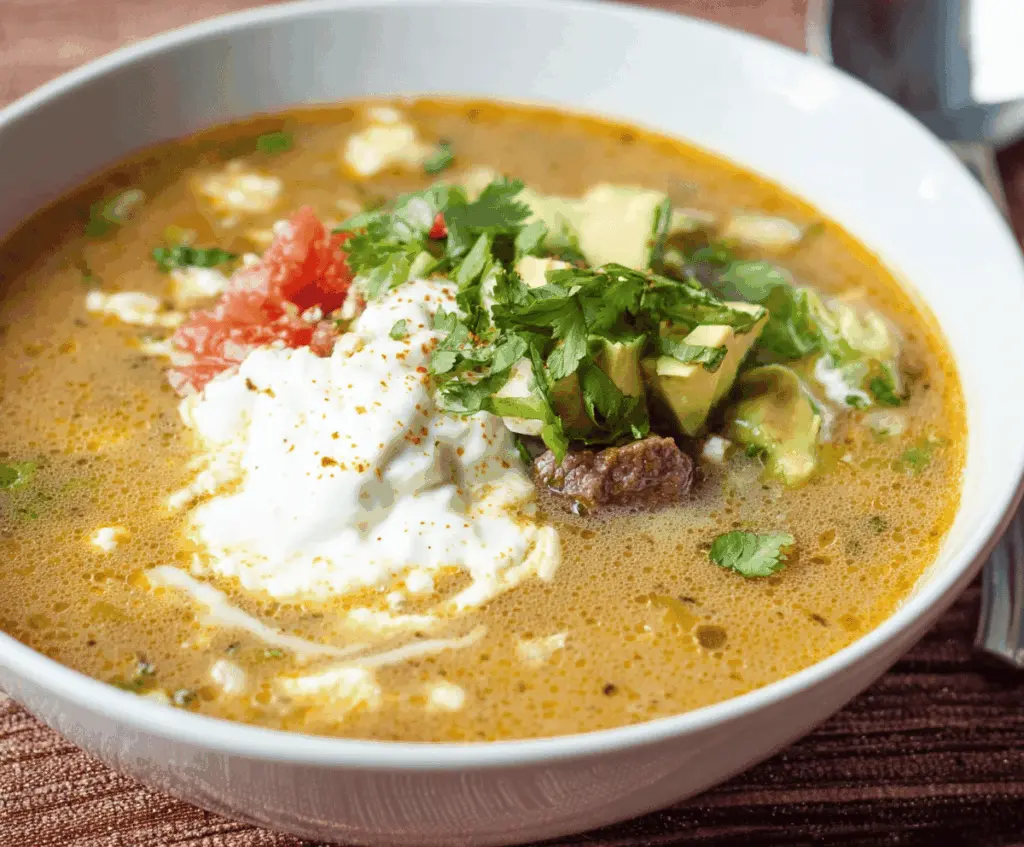 Creamy Chile Relleno Soup served in a bowl with fresh cilantro and melted cheese topping, perfect for a flavorful Mexican-inspired meal.