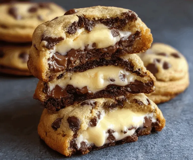 Delicious chocolate chip cookies filled with creamy cheesecake filling, showcasing golden-brown cookies with melted chocolate chips and a rich, smooth cheesecake center.