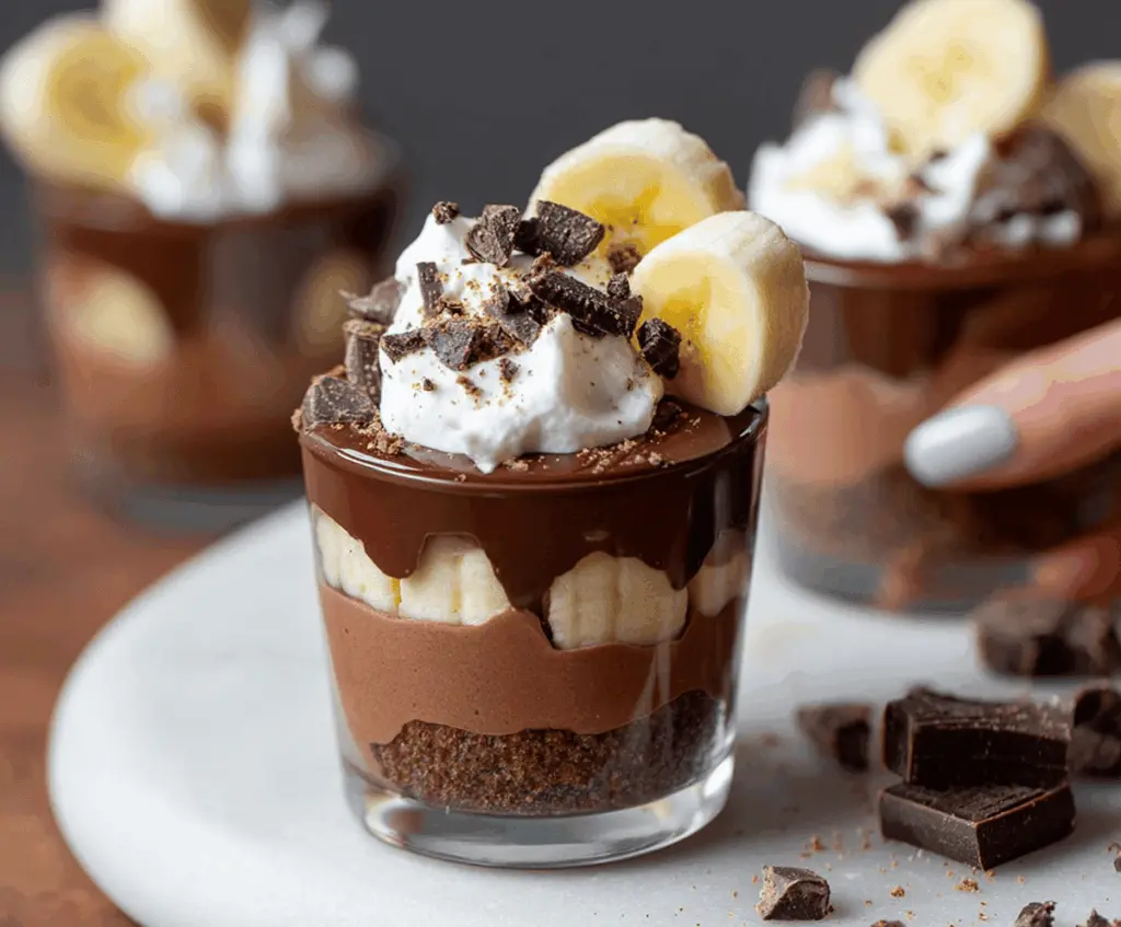 Delicious chocolate-covered banana pudding cups topped with whipped cream and chocolate drizzle, perfect for a sweet dessert treat.