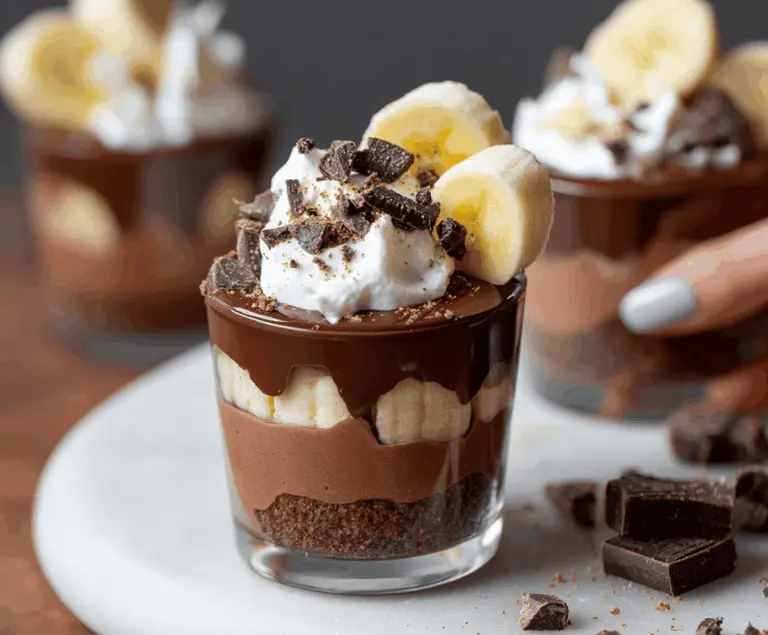 Delicious chocolate-covered banana pudding cups topped with whipped cream and chocolate drizzle, perfect for a sweet dessert treat.