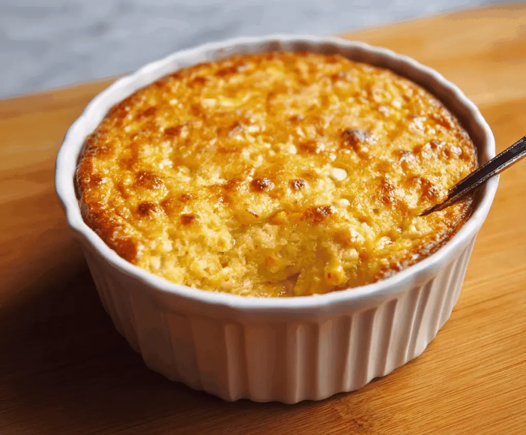 Creamy and flavorful corn pudding served in a baking dish, topped with a sprinkle of fresh herbs, perfect as a comforting side dish.