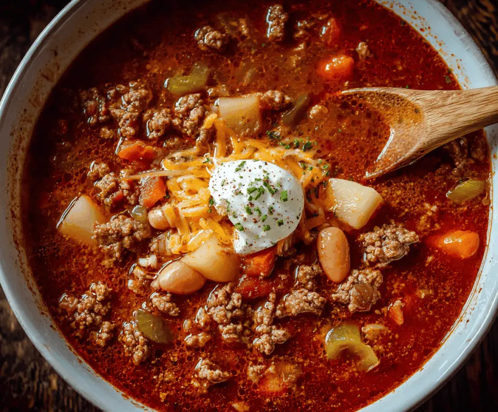 Hearty cowboy soup featuring chunks of beef, vegetables, and beans in a savory broth, served in a rustic bowl.