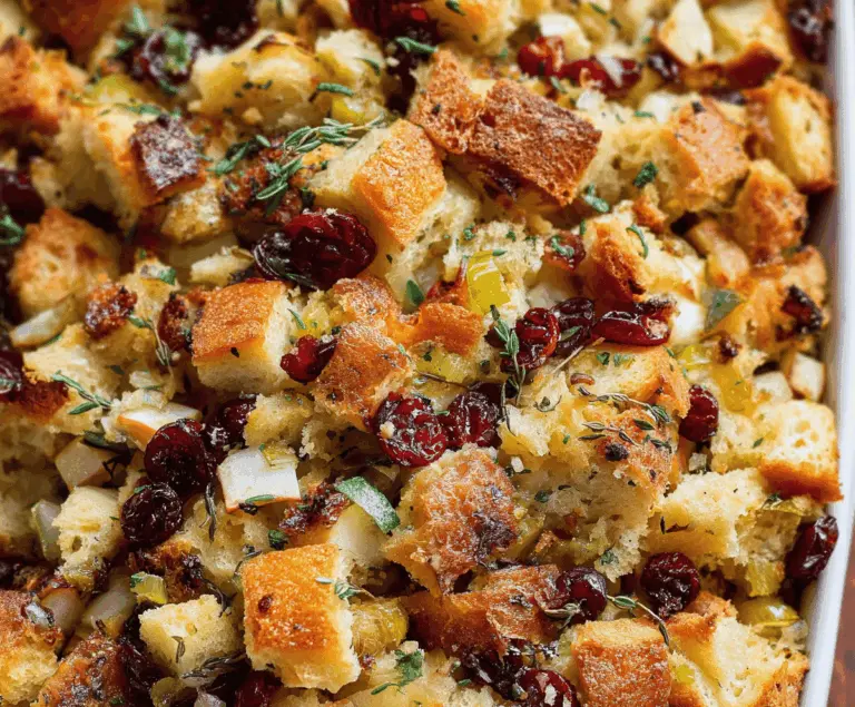 Delicious cranberry apple stuffing in a serving dish, featuring fresh cranberries, diced apples, herbs, and golden bread cubes for a flavorful holiday side dish