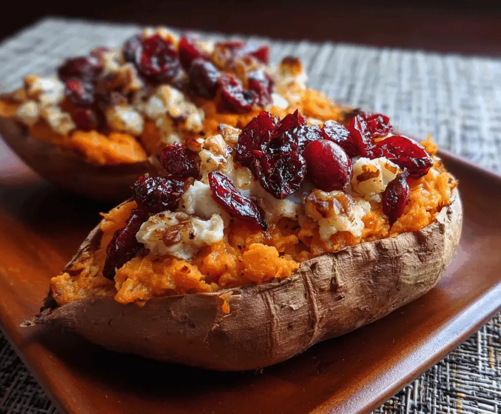 Delicious cranberry apple twice-baked sweet potatoes topped with fresh cranberries and chopped apples