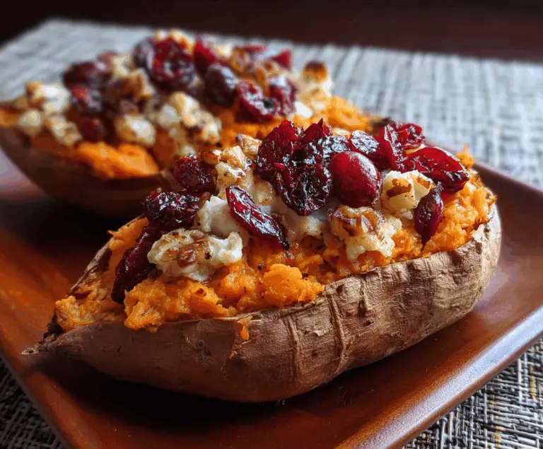 Delicious cranberry apple twice-baked sweet potatoes topped with fresh cranberries and chopped apples