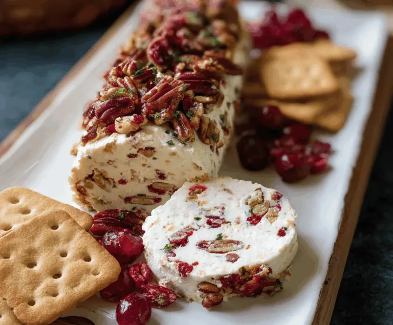 Delicious cranberry pecan cheese log on a serving platter, perfect for festive parties and holiday gatherings.