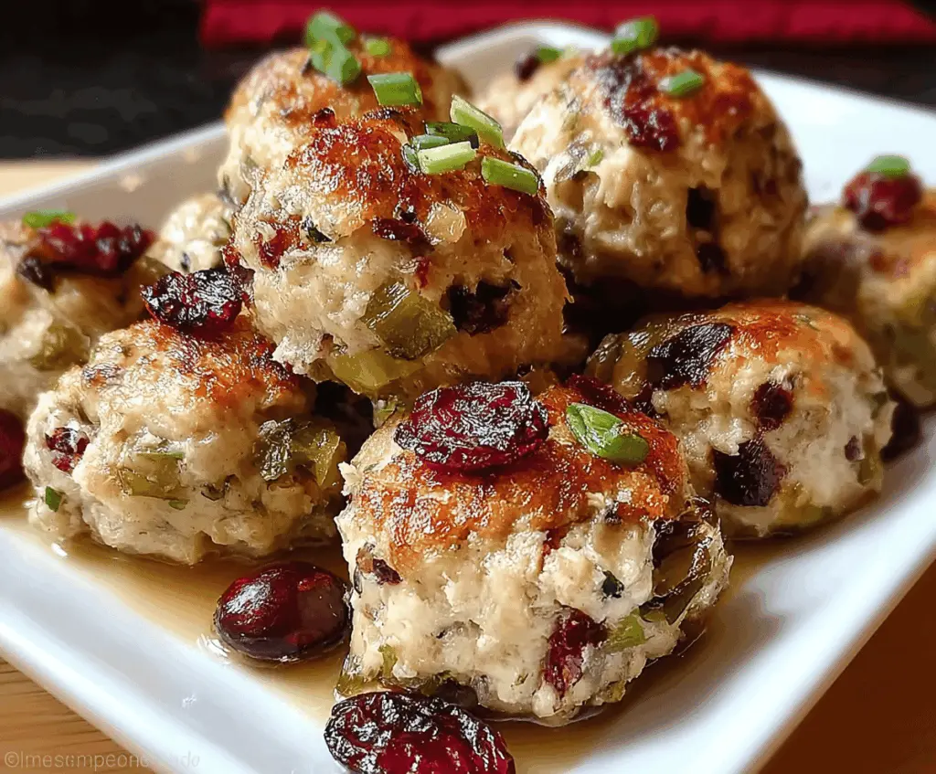 Delicious Cranberry Turkey Stuffing Balls served on a plate with fresh cranberries and herbs, perfect for holiday dinners.