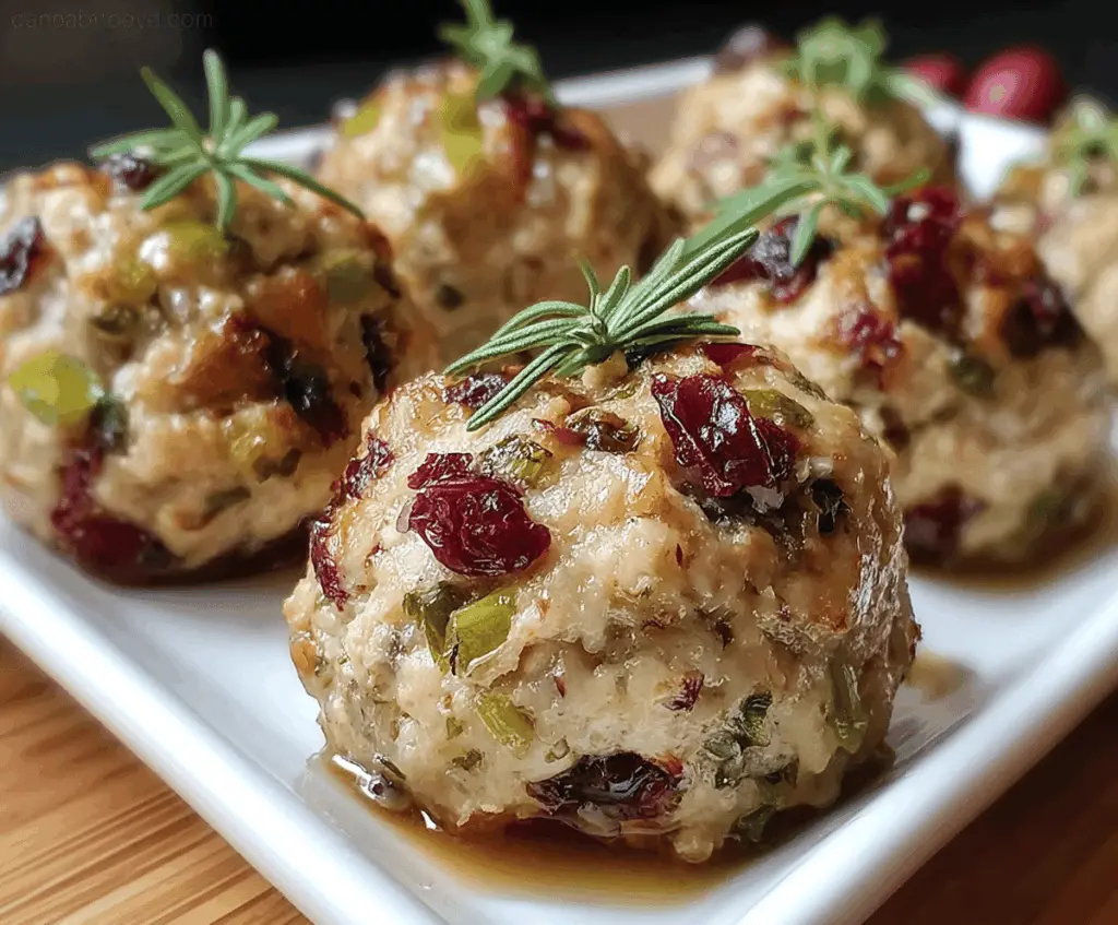 Delicious cranberry turkey stuffing balls on a white plate, garnished with fresh herbs, perfect for holiday dinner recipes