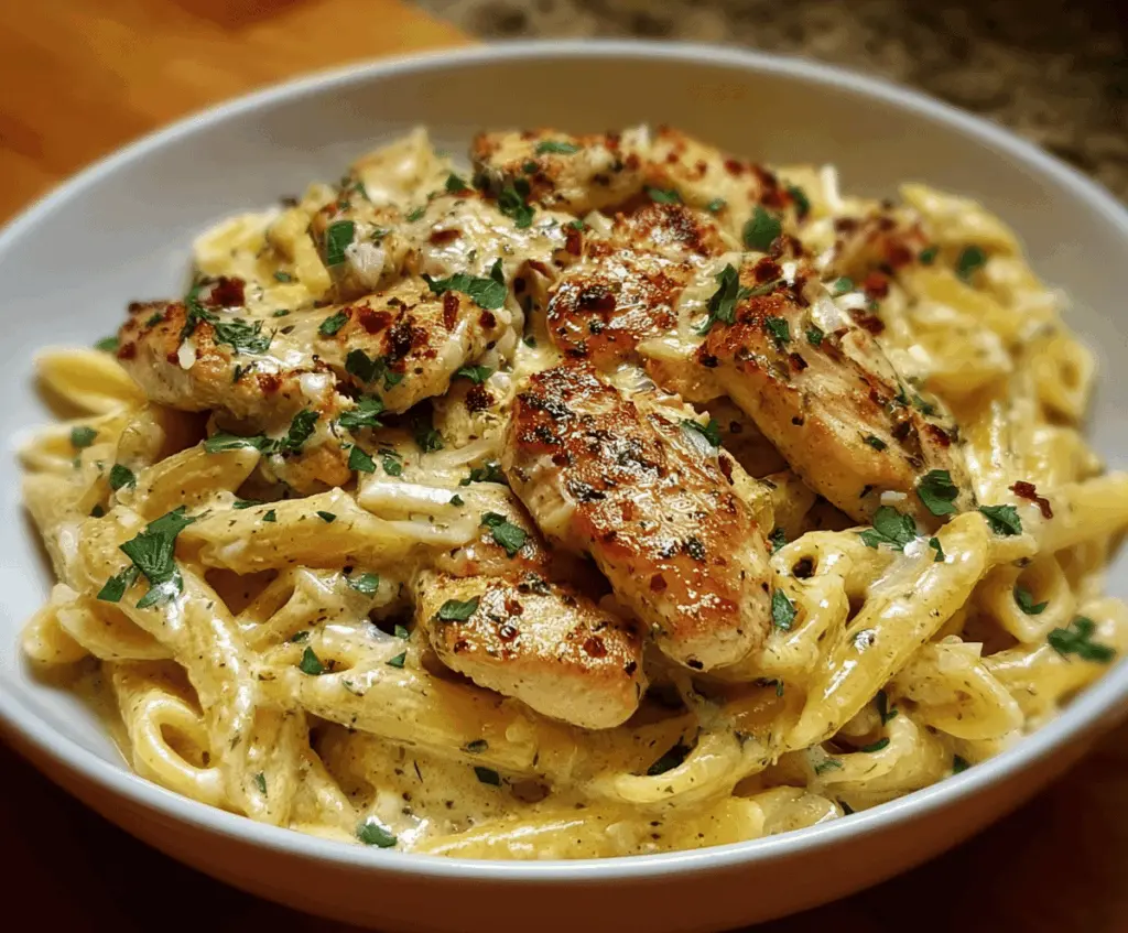 Creamy garlic Parmesan chicken pasta dish with tender chicken, al dente pasta, and rich cheese sauce garnished with fresh herbs