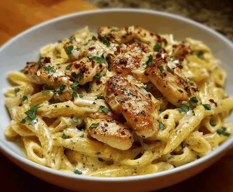 Creamy garlic Parmesan chicken pasta dish with tender chicken, al dente pasta, and rich cheese sauce garnished with fresh herbs