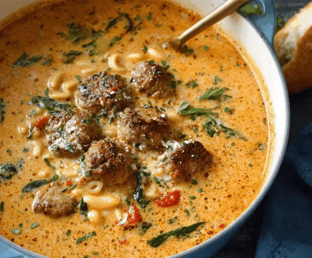 A bowl of creamy Italian meatball soup topped with fresh herbs and grated cheese, featuring tender meatballs in a rich, flavorful broth with vegetables.