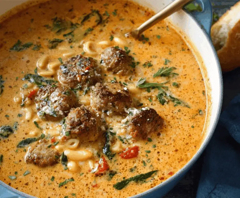 A bowl of creamy Italian meatball soup topped with fresh herbs and grated cheese, featuring tender meatballs in a rich, flavorful broth with vegetables.