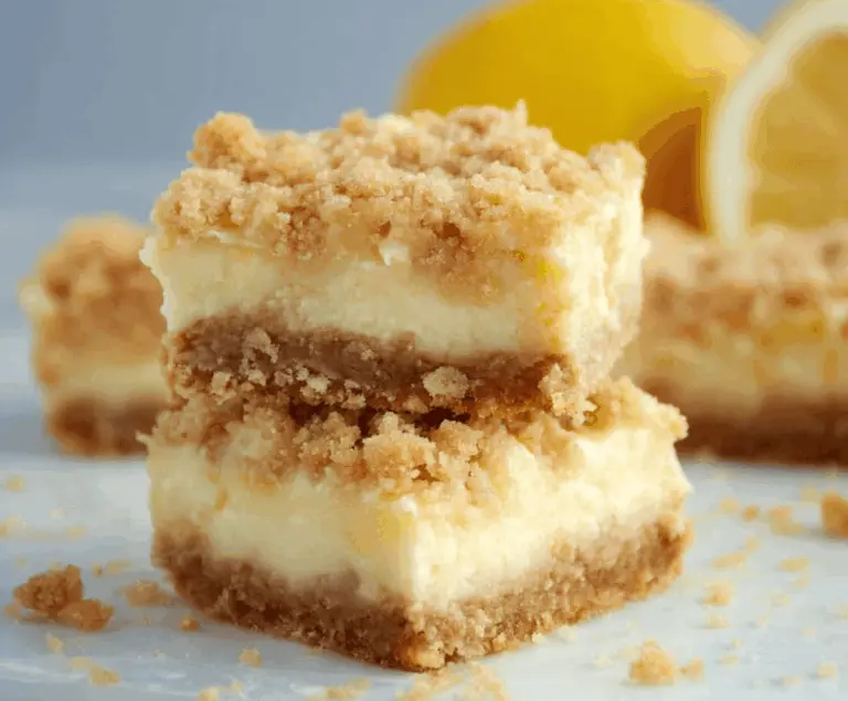 Creamy Lemon Cheesecake Crumb Bars with a golden crust, tangy lemon filling, and crumb topping, served on a white plate