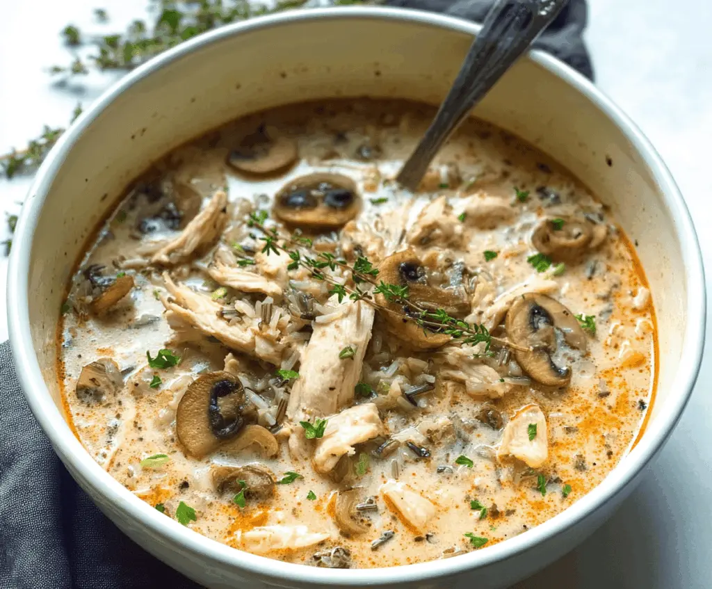 Creamy mushroom chicken and wild rice soup in a bowl with fresh herbs, featuring tender chicken, sliced mushrooms, and wild rice in a rich, creamy broth