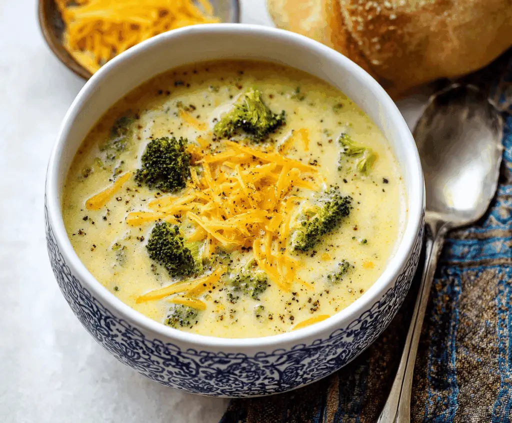 Creamy potato, broccoli, and cheddar cheese soup served in a bowl with fresh herbs on top, perfect for a comforting meal