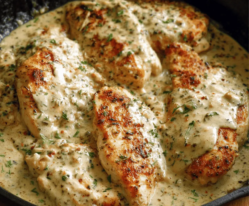 Creamy Ranch Chicken served on a plate with fresh herbs, showcasing a delicious and flavorful homemade ranch-style chicken dinner.