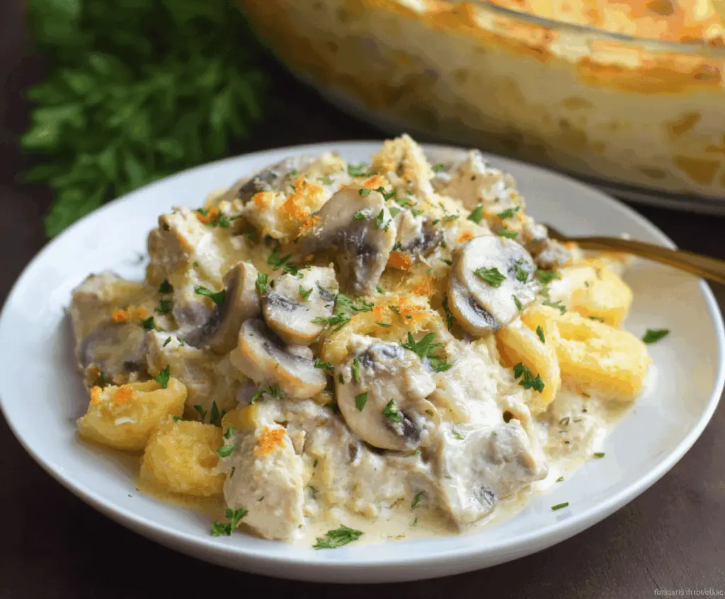 Delicious creamy turkey casserole topped with melted cheese and fresh herbs.