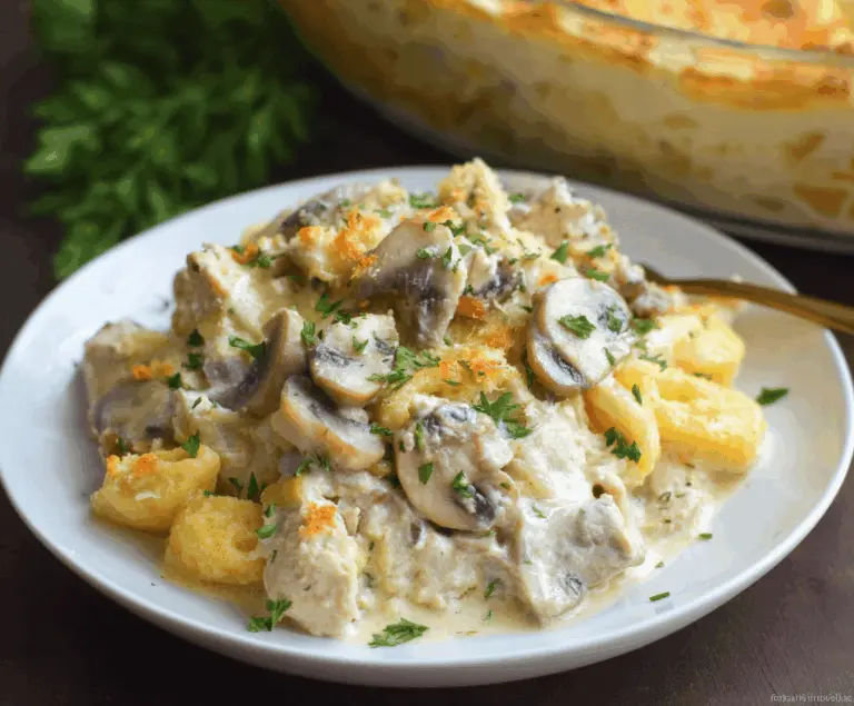 Delicious creamy turkey casserole topped with melted cheese and fresh herbs.