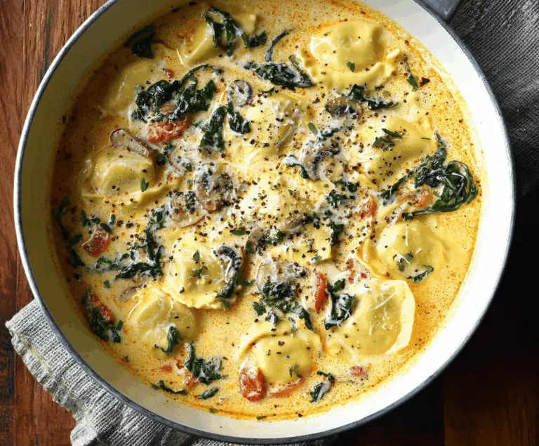 Creamy Tuscan Ravioli Soup in a bowl with fresh herbs and grated Parmesan cheese, showcasing tender ravioli, spinach, and sun-dried tomatoes in a flavorful broth