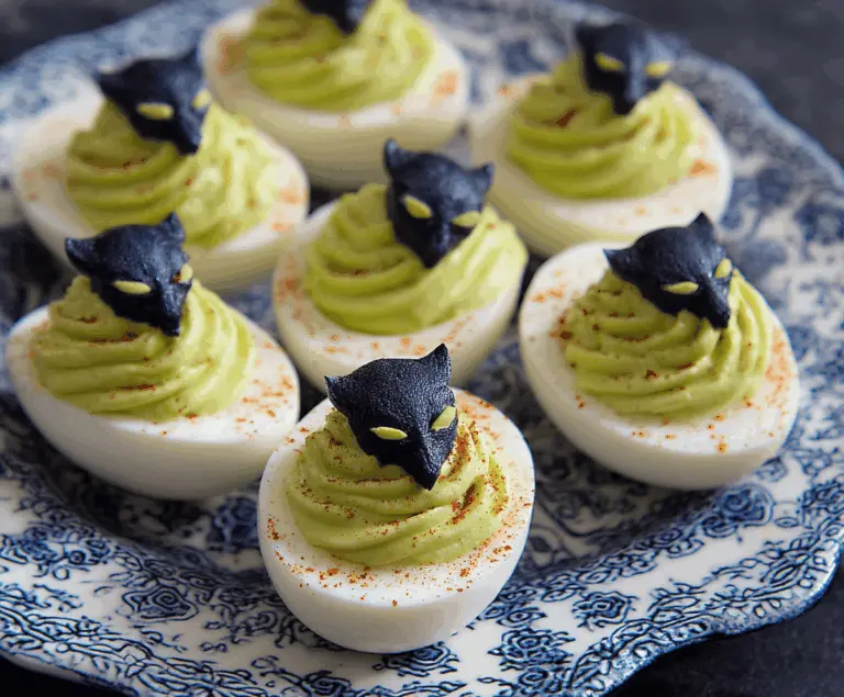 Spooky Creepy Deviled Eggs decorated with creepy edible toppings for a Halloween party