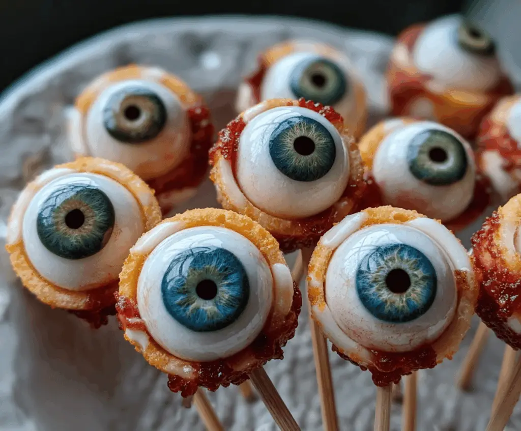 Close-up of creepy eyeball bites with realistic green and white eyeball decorations and crunchy cracker base, perfect for Halloween parties.