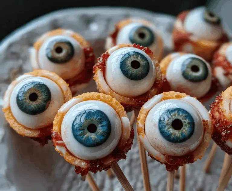 Close-up of creepy eyeball bites with realistic green and white eyeball decorations and crunchy cracker base, perfect for Halloween parties.