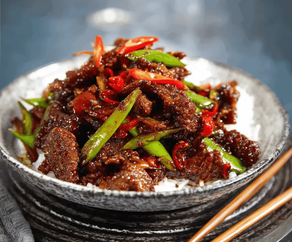 Golden crispy chilli beef served with vibrant vegetables and garnished with chopped scallions, perfect for a flavorful Asian-inspired meal.