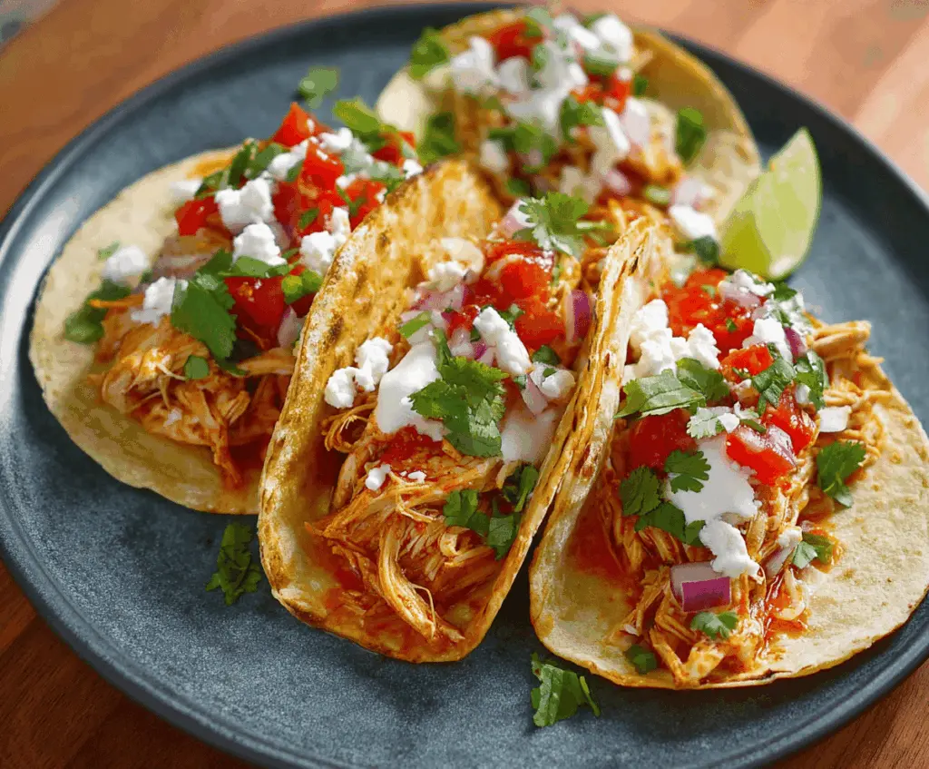 Delicious crockpot chicken tacos topped with fresh cilantro and lime slices on a rustic plate