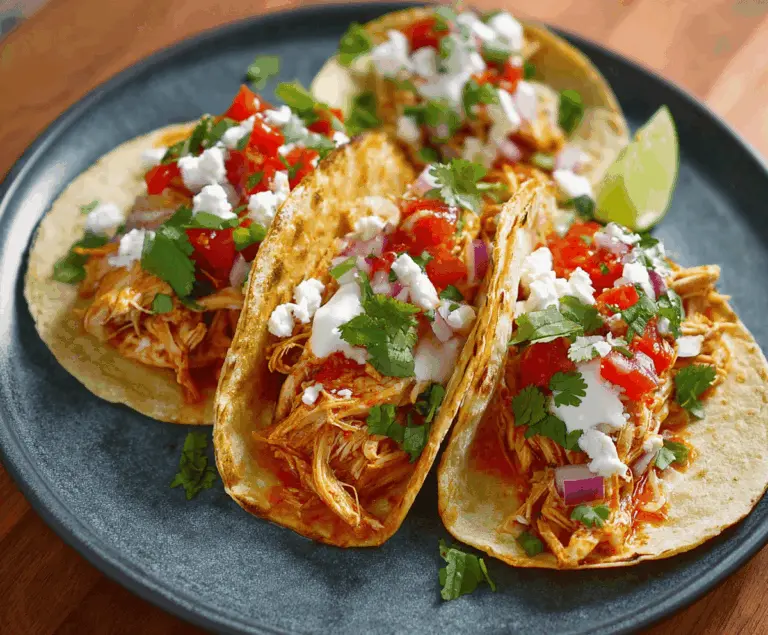 Delicious crockpot chicken tacos topped with fresh cilantro and lime slices on a rustic plate