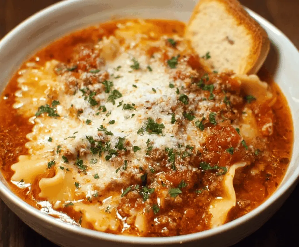 A steaming bowl of Crockpot Lasagna Soup topped with melted cheese, fresh basil, and lasagna noodles, served in a white bowl on a rustic wooden table.