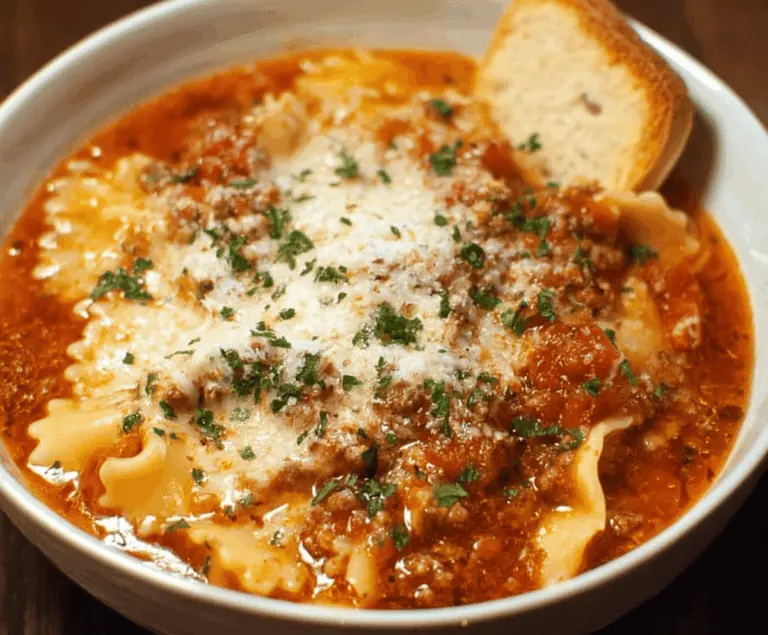 A steaming bowl of Crockpot Lasagna Soup topped with melted cheese, fresh basil, and lasagna noodles, served in a white bowl on a rustic wooden table.