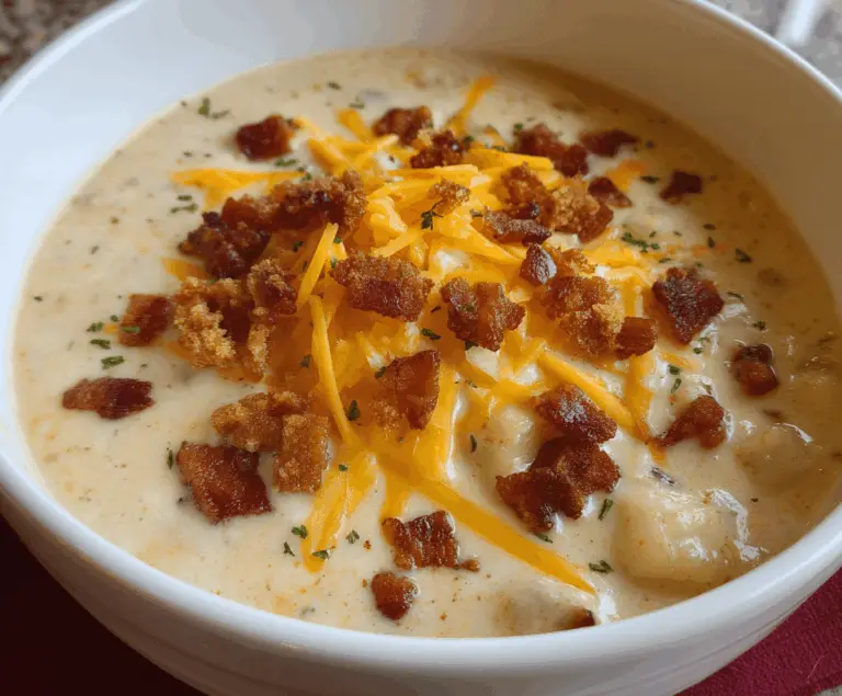 Creamy Crockpot Loaded Baked Potato Soup topped with shredded cheese, crispy bacon, chopped green onions, and sour cream in a cozy bowl