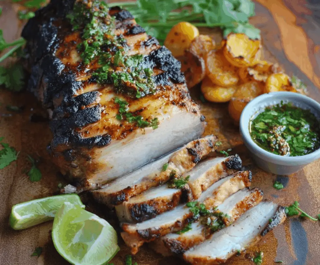 Juicy Cuban Mojo Marinated Pork tenderloin garnished with fresh herbs on a rustic wooden platter, ready to serve