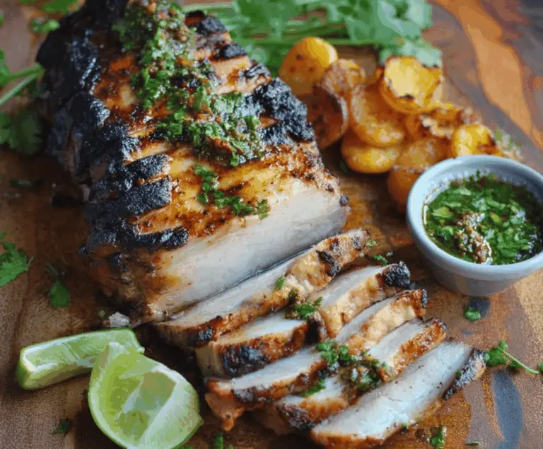 Juicy Cuban Mojo Marinated Pork tenderloin garnished with fresh herbs on a rustic wooden platter, ready to serve