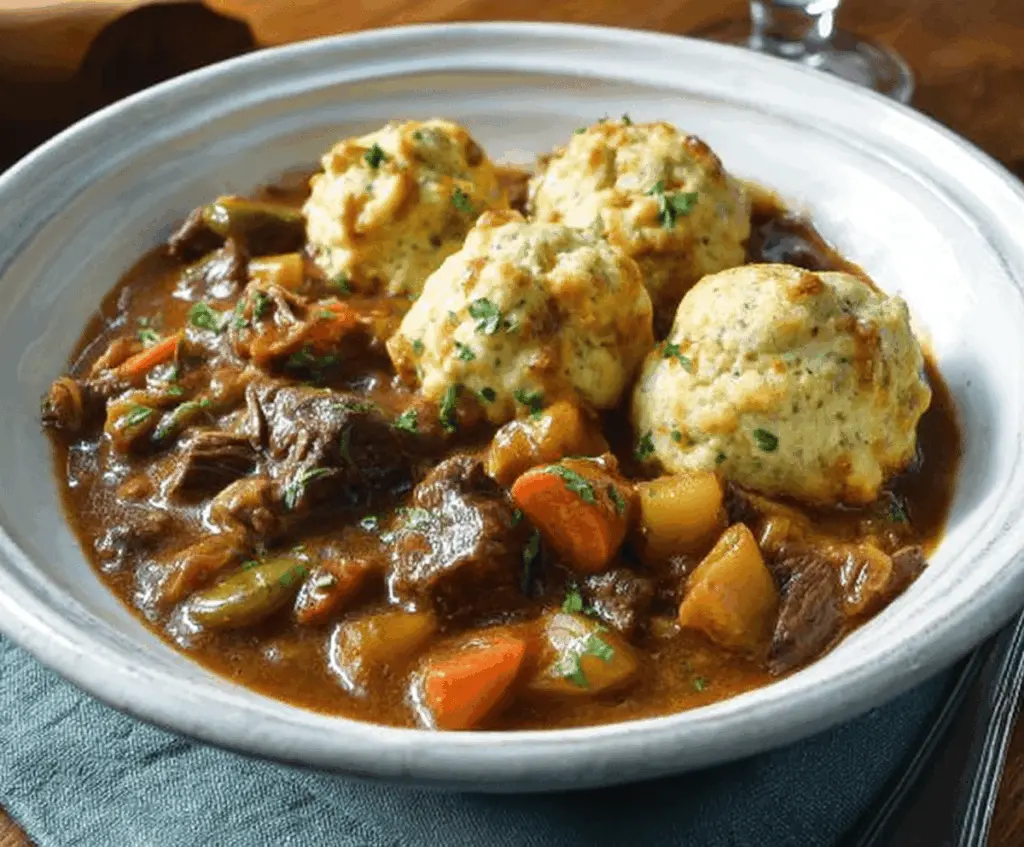 Hearty beef stew with tender meat and fluffy dumplings served in a rustic bowl, perfect for comforting homemade dinner