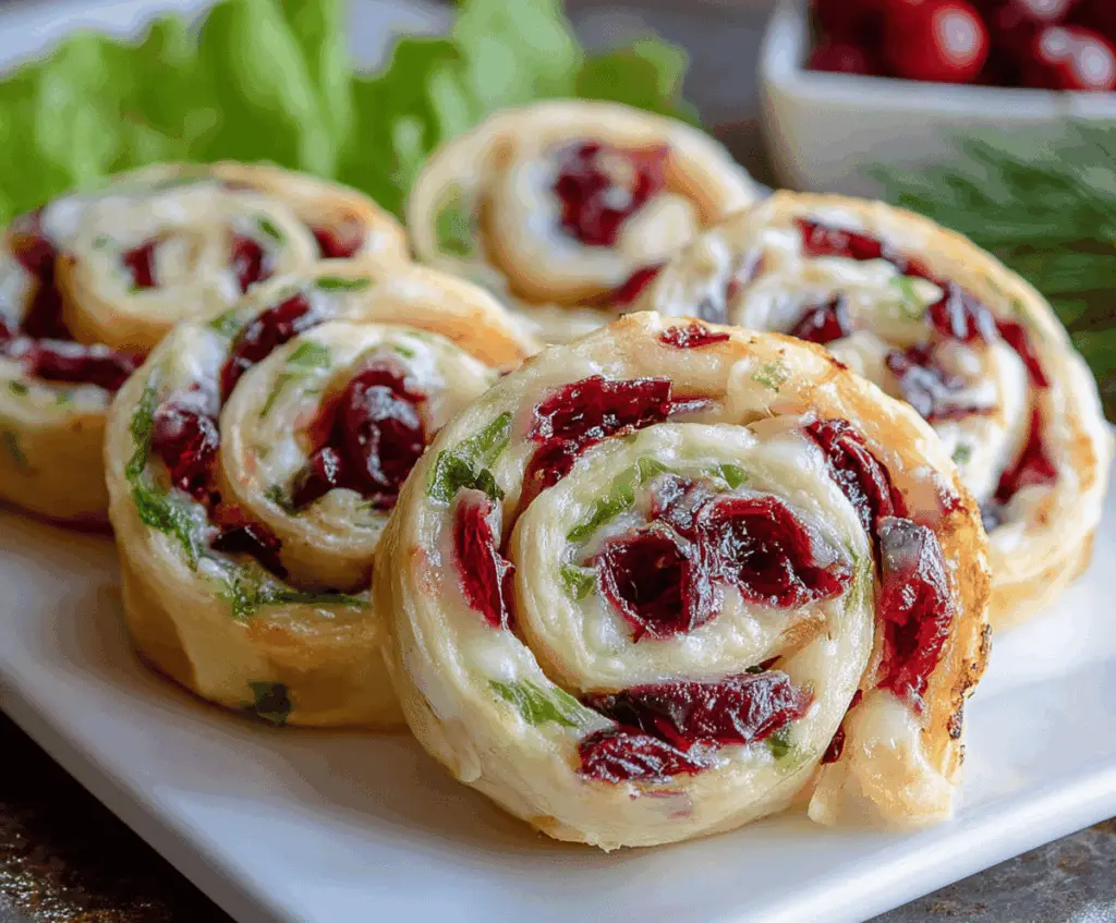 Festive Christmas cranberry pinwheels with vibrant red berries and flaky pastry on a holiday platter.