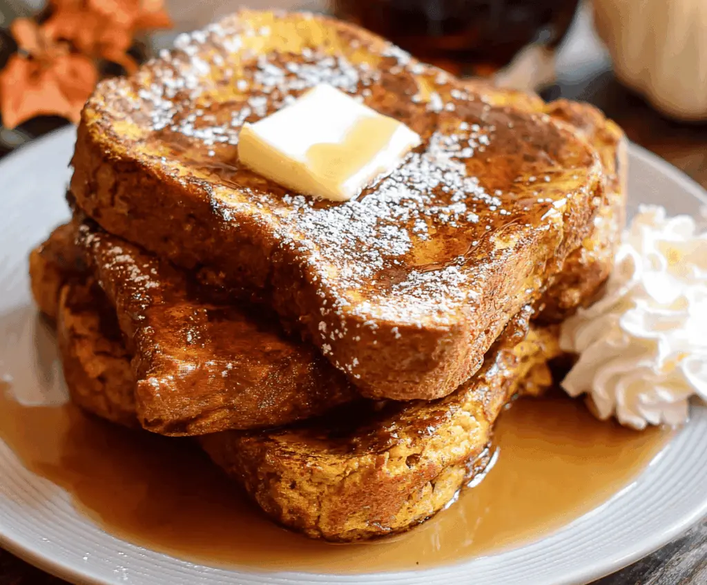 Delicious fall-themed pumpkin French toast topped with whipped cream and cinnamon for a cozy breakfast