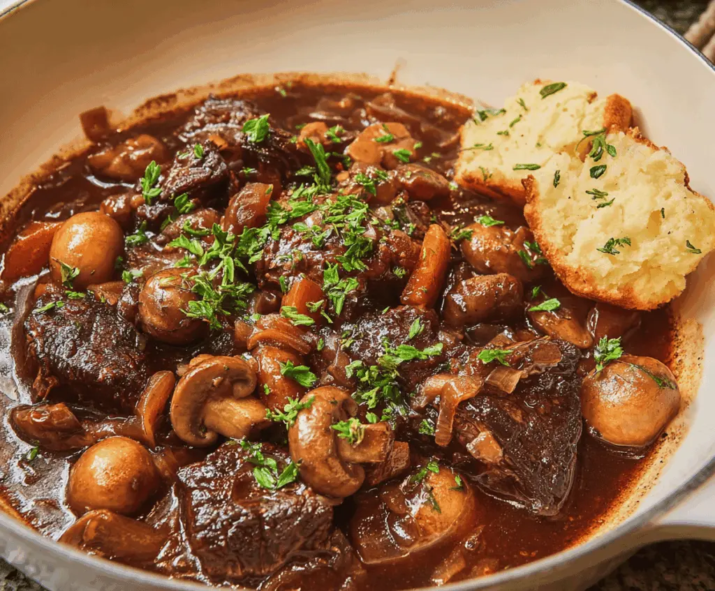 Delicious French Beef Bourguignon featuring tender beef stew with vegetables and rich red wine sauce, served in a rustic bowl.
