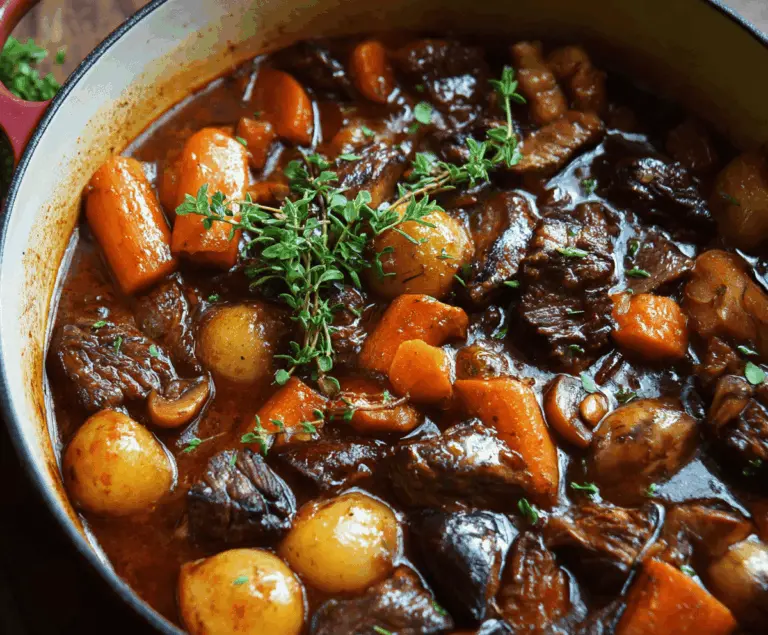 Hearty French-style beef stew simmered in red wine with vegetables and herbs, served in a rustic bowl.