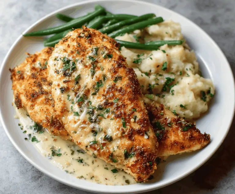 Juicy garlic Parmesan chicken breasts garnished with fresh herbs on a rustic wooden platter