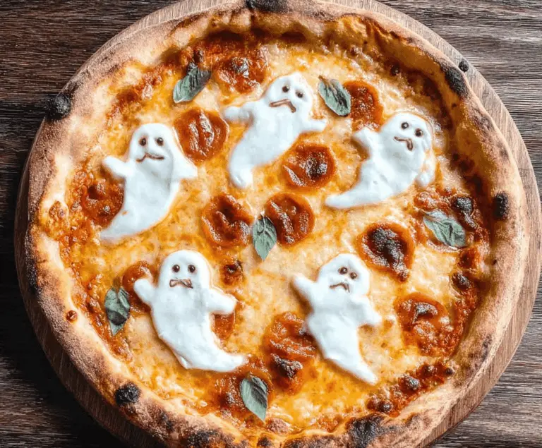 Delicious ghost-shaped pizza topped with melted cheese and pepperoni, perfect for Halloween-themed parties.